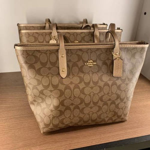 COACH signature coated canvas handbag in light brown with gold trimming - mystic-beauty-international-make-up-store