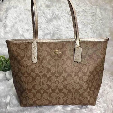 COACH signature coated canvas handbag in light brown with gold trimming - mystic-beauty-international-make-up-store